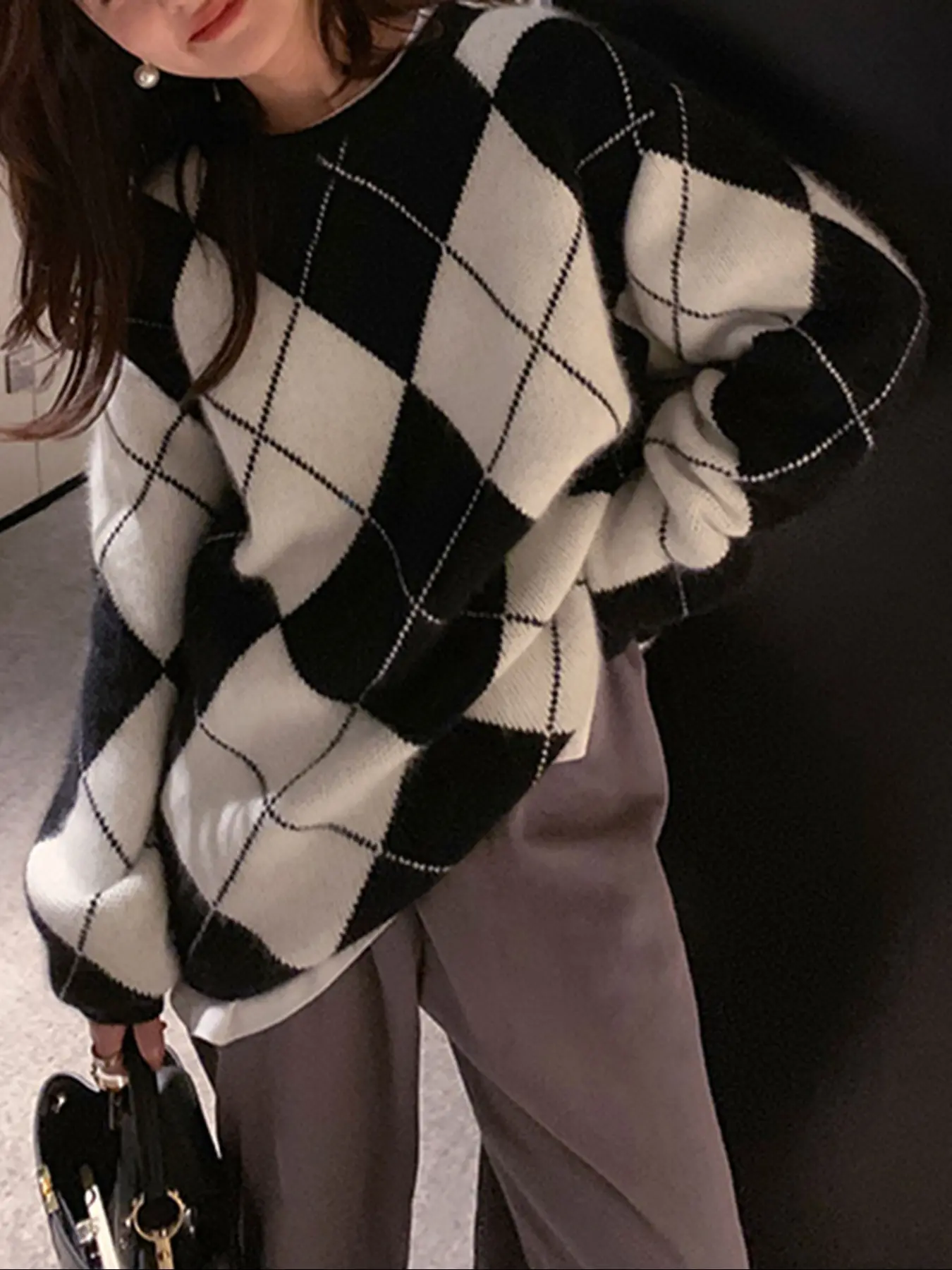 Women's Casual Round Neck Sweater, Large Check Pattern Pullover, Knitwear, Stylish Knitted Top for Fall & Winter, Ladies Fashion Clothing