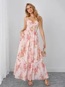 Parthea Women's Floral Print Ruched Pocket Halter Dress, Summer Elegant Feminine Fashion Sleeveless Holiday Dress, Slim-Fitting All over Print