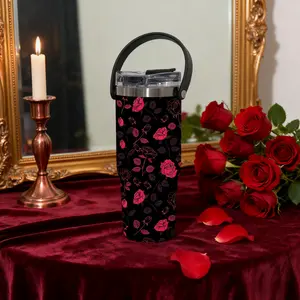 1PC, 30oz Stainless Steel Tumbler, Vacuum Insulated Flask, with Handle, Elegant Red Rose and Black Leaf Pattern, 2-in-1 Leak-Proof Lid, Double-Wall Vacuum Insulation, Keeps Drinks Hot 12H/Cold 24H, Romantic Gift for Valentine’s Day or Birthday.
