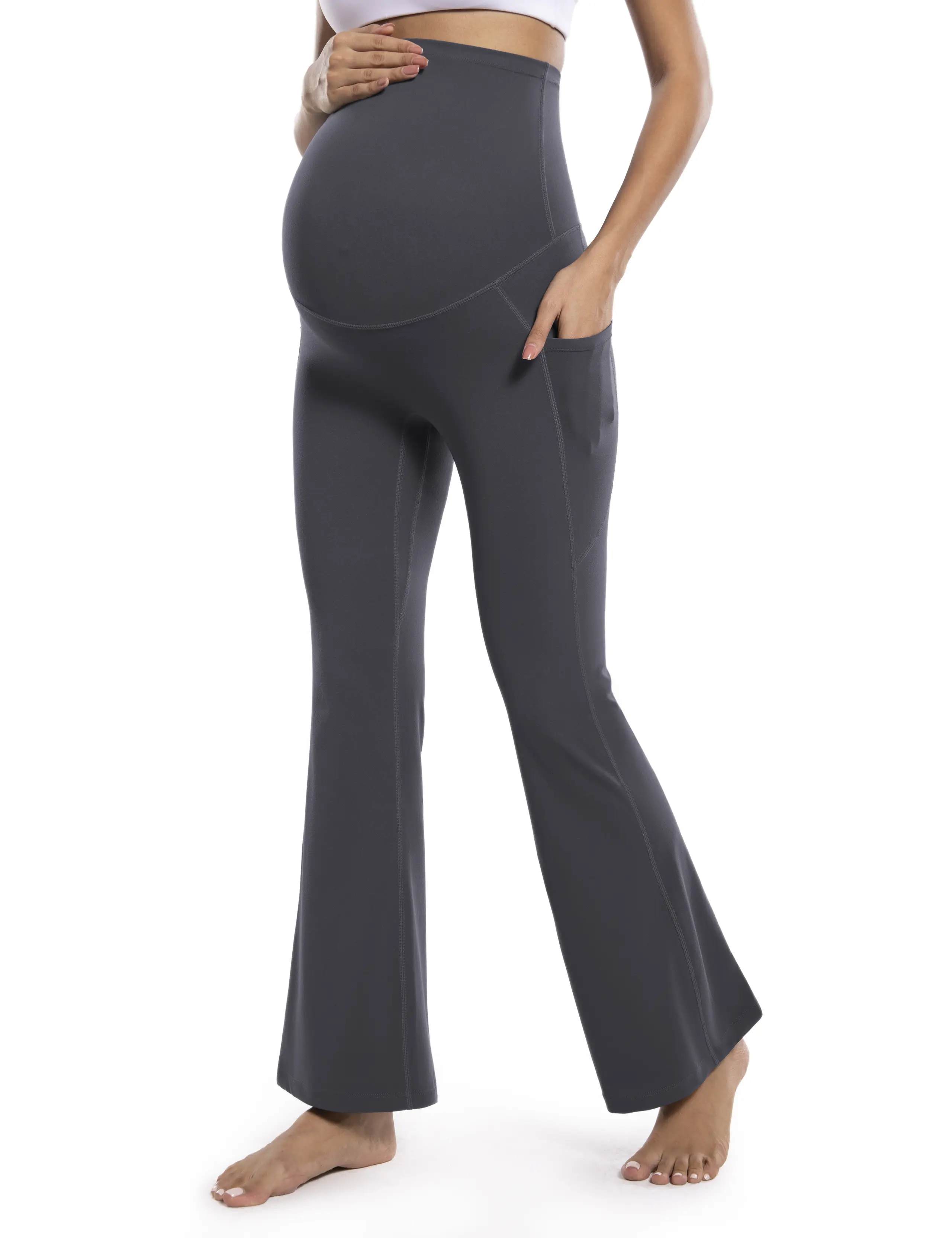 POSHDIVAH Women's Maternity Flare Leggings Over The Belly Pregnancy Workout Active Yoga Lounge Bootcut Pants with Pockets maternity bottom