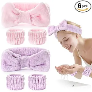 6Pack Headband and Wristband Set for Washing Face, Spa Skincare Makeup Headband, Soft Puffy Hair Band Bow Tie, for Women and Teen Girl Trendy Stuff Gifts