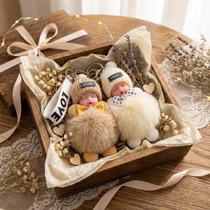 Handmade Soft Doll PomPom Keychain Dual Pack Creamy White & Golden Yellow Cute Charms with Bowties Knit Hats for Phone Bag Car Plush Pendants Gifts for Women Girls Valentine's Day Best Gift Choice Buy 1 Get 1 Free Perfect for Birthdays Holidays
