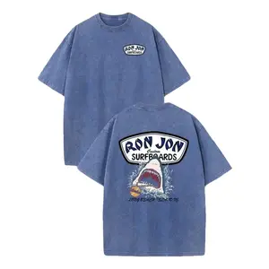 Shark Surfing Pattern Men's Summer Round Neck Short Sleeved T-Shirt, Unisex T-Shirt, Comfortable And Fashionable, Men's Clothing, High-Quality Double-Sided Printed T-Shirt, Suitable For Retro Street Style, Outdoor Sports And Leisure