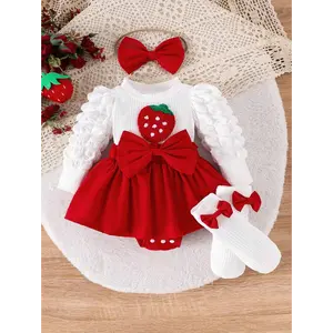 Baby Girl Cherry Embroidery Bow-Knot Decor 2 In 1 Ruffle Bodysuit With Scrunchie, Butterfly Socks 3-Piece Outfit Set