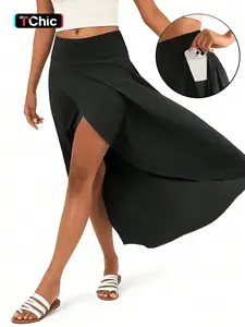 High Waist Sporty Style Long Split Skirt with Shorts, Pocket Design Skort, Stylish Women's Casual Dress for Spring Summer, Fitted Plain Midi Skirt for Daily Commuting