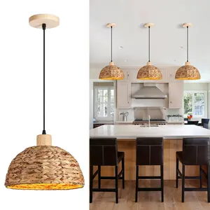 Hand-Woven Pendant Light, 11.8" 1-Light Bohemian Natural Rattan Hanging Lighting Fixture Weaving Ceiling Farmhouse Basket Lamp Chandelier for Kitchen Island Living Dining Room