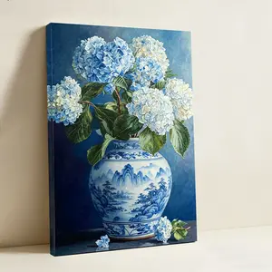 New Chinese-style Light Luxury Hydrangea Wall Art, Elegant Flowers in Blue and White Porcelain Vase, Auspicious Decorative Painting for Entry Corridor