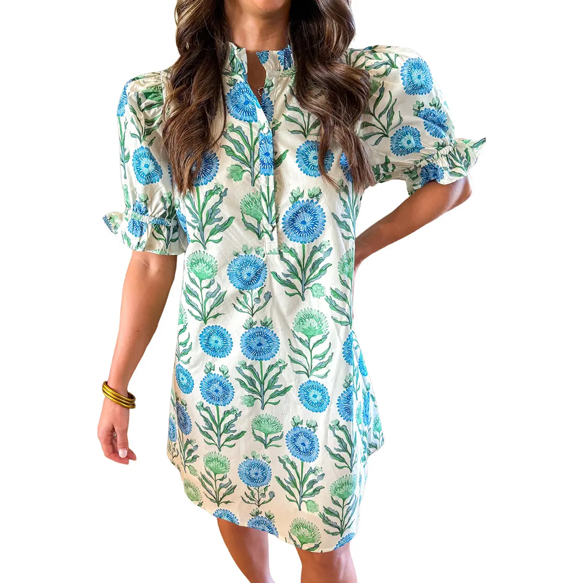 Mntaor Women’s Casual Sky Blue Floral Dress - Button Front, Puff Sleeves, Breathable Womenswear for Brunch, Garden Parties
