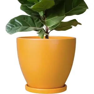 10 Inch Plant Pot - Ceramic Planter with Drainage Hole and Saucer, Modern Flower Pot, Round Planters for Indoor Plants, Home Patio Bathroom Porch Garden Living Room Decor, Orange