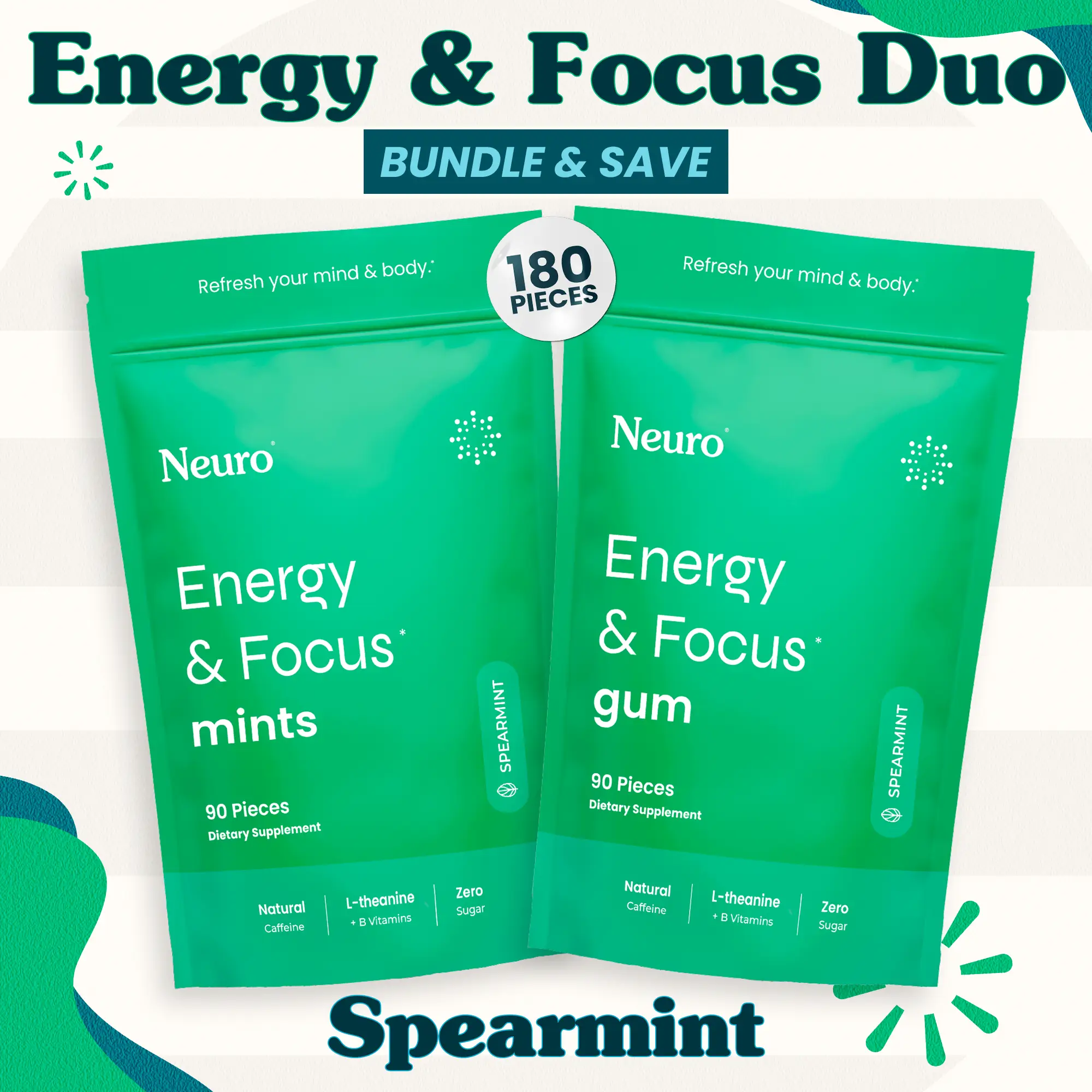Energy & Focus Duo - Caffeine Gum & Mints - Spearmint (2-Bulk Pouches)