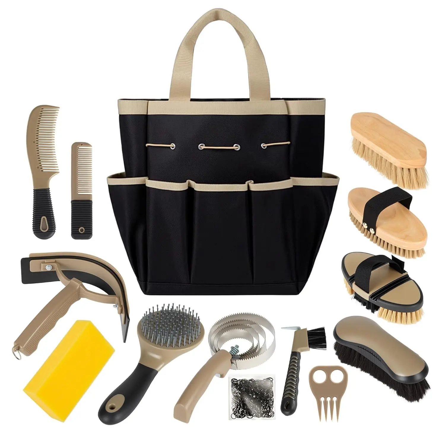 Horse Grooming Kit, 14-in-1 Professional Horse Brush Supplies Set for Grooming & Care, with Horse Brushes, Curry Comb, Hoof Pick & Waterproof Storage Tote Bag for Shining, Detangling, Massaging(Khaki)