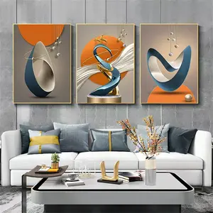 3pcs Modern Geometric Orange Frameless Living Room Sofa Background Wall Hanging Abstract Pattern Print Poster Bedroom Home Decoration Canvas Wall Art Canvas Mural