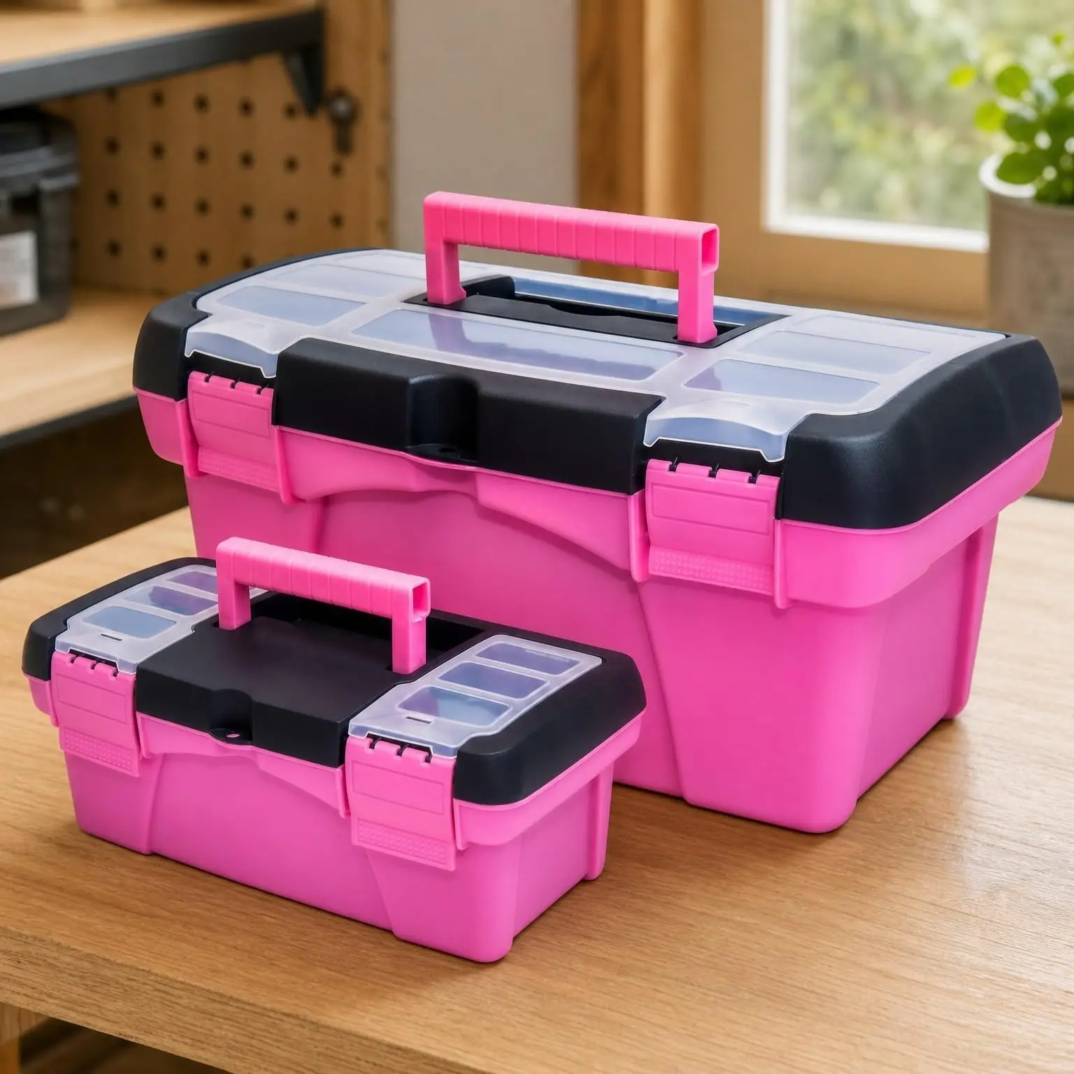 Pink Tool Box for Women - Sewing, Art & Craft Organizer Small & Large Plastic Tool Box with Handle - Pink Toolbox Sewing Tool Storage Box - Portable Mini Locking Tool Boxes (2 Pack)