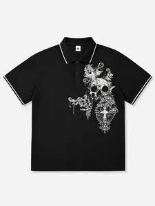 Men’s summer Gothic-style casual printed cotton short-sleeve polo shirt, classic retro design, lightweight and versatile athletic casual outdoor fashion golf apparel, trendy black short-sleeve, a great gift for men or brothers.