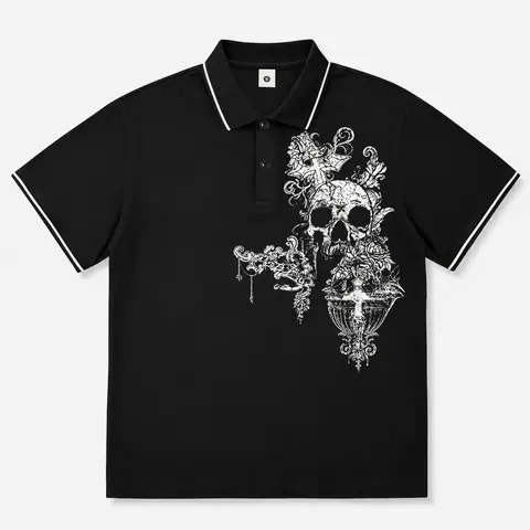 Men’s summer Gothic-style casual printed cotton short-sleeve polo shirt, classic retro design, lightweight and versatile athletic casual outdoor fashion golf apparel, trendy black short-sleeve, a great gift for men or brothers.