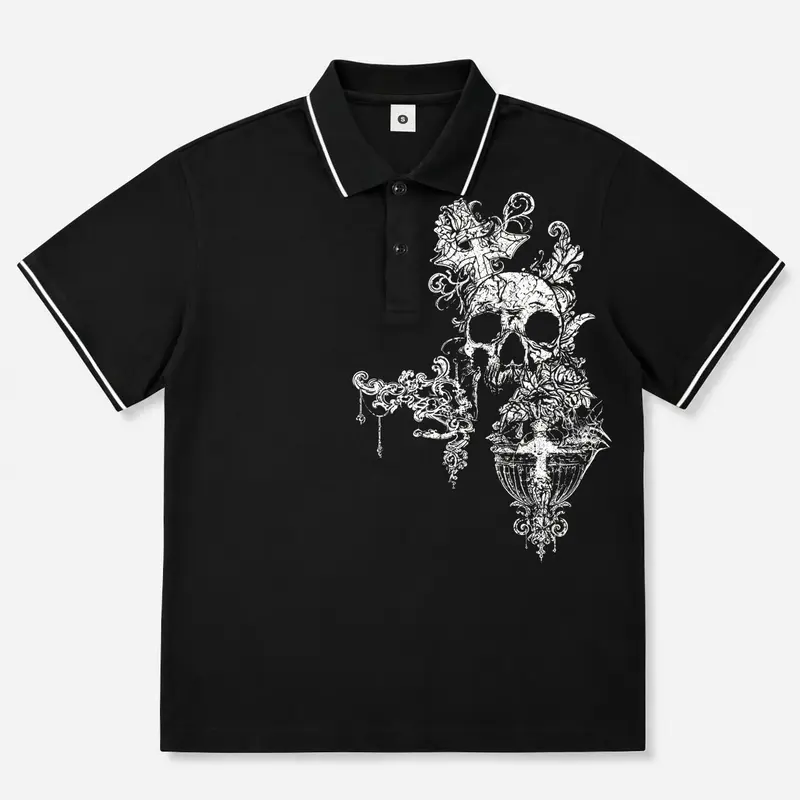 Men’s summer Gothic-style casual printed cotton short-sleeve polo shirt, classic retro design, lightweight and versatile athletic casual outdoor fashion golf apparel, trendy black short-sleeve, a great gift for men or brothers.