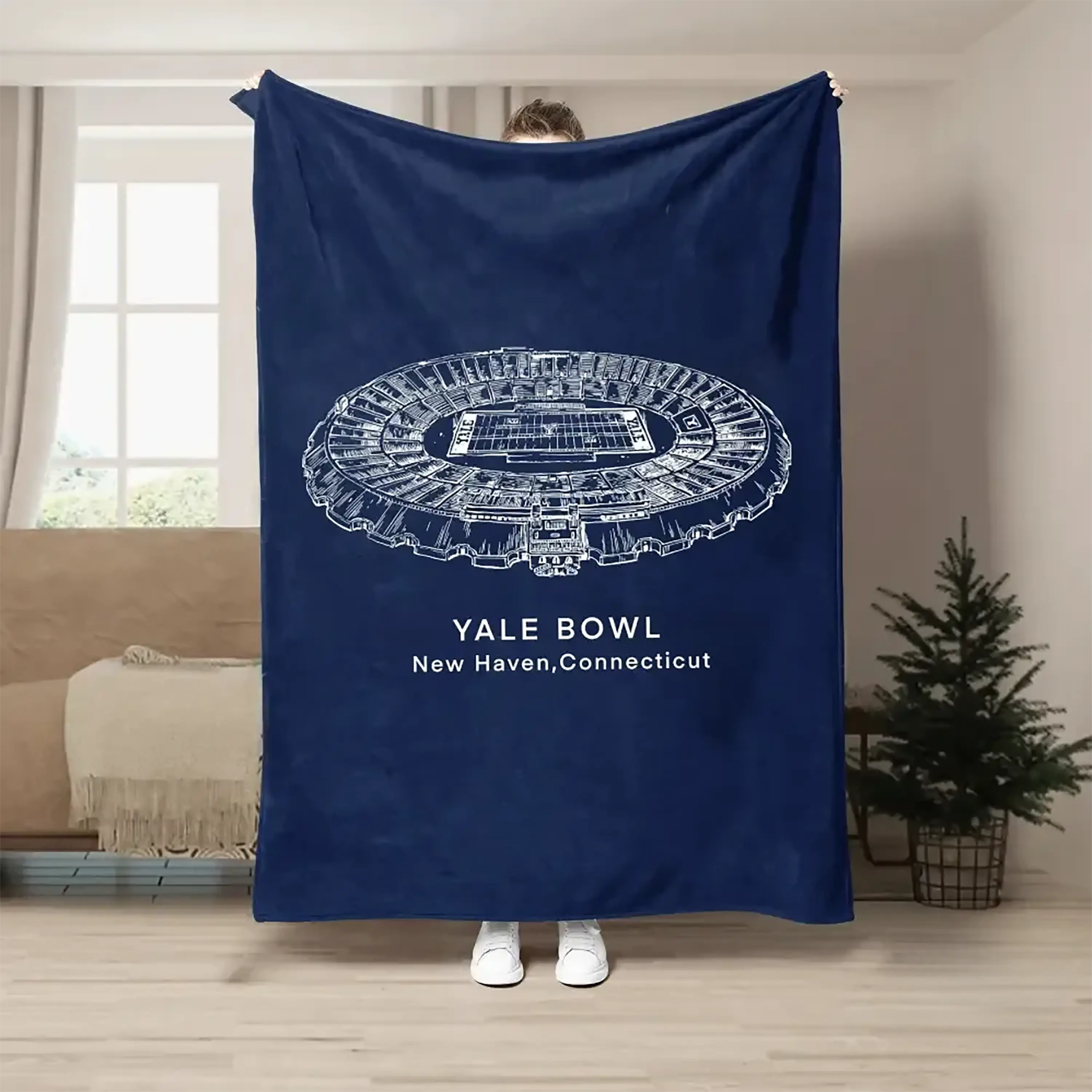 Yale Bowl Flannel Blanket - Yale University Football Throw - Bulldogs Fan Gift - New Haven Blueprint Decor - Ivy League Merch