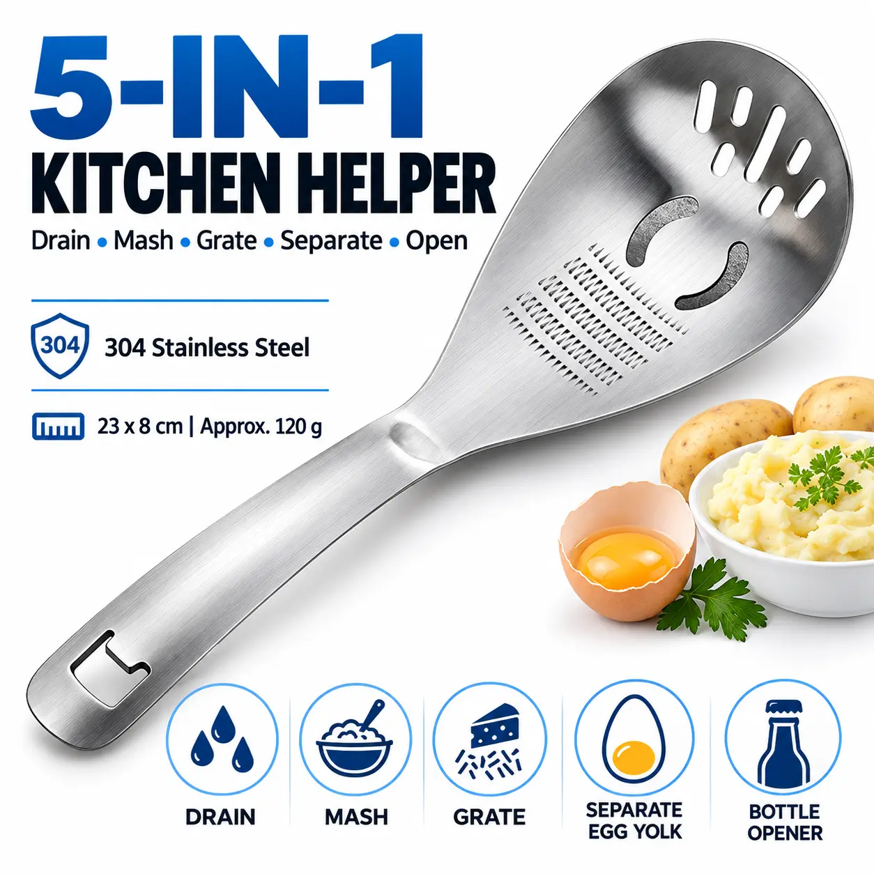 Chiu's Heavy-Duty 304 Food Grade Stainless Steel Multifunctional Potato Masher Set - Slotted Spoon, Raw Egg Separator, Double-Sided Serrated Edge, Ginger & Garlic Grinder, Dishwasher-Safe, Easy to Clean