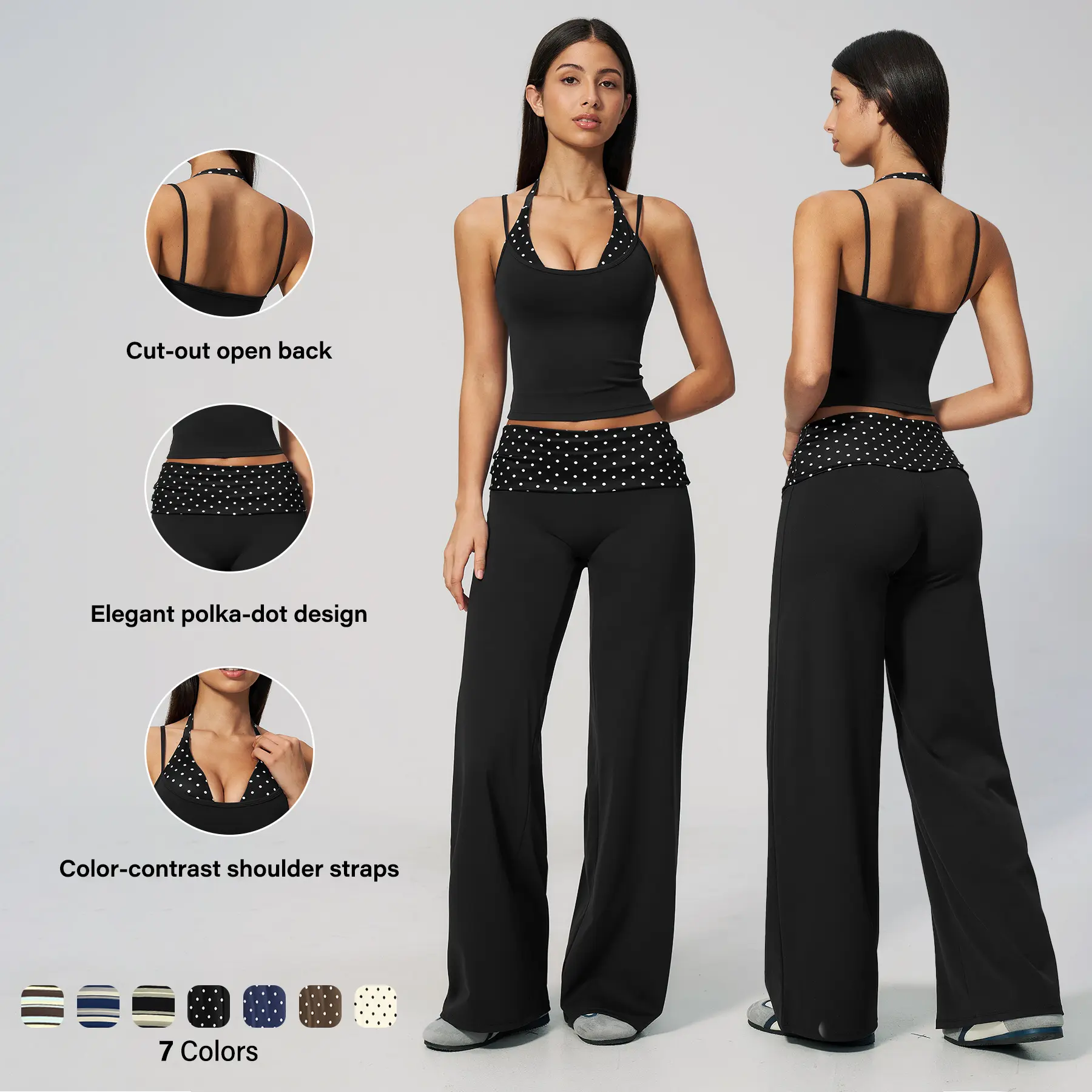Women's Matching Sets 2 Piece Polka Dot Print Halter Neck Cami and High Waisted Fold Over Wide Leg Trousers Outfits Brushed Soft Fabric Butt Lift Quick Dry Elastic Slim Fit Yoga Gym Activewear Set