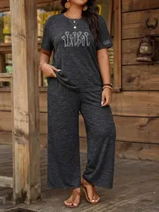 Plus Size Casual Two-Piece Set, Printed Tie-Dye Short Sleeve T-Shirt and Wide-Leg Pants, Suitable for Daily Casual Outings.