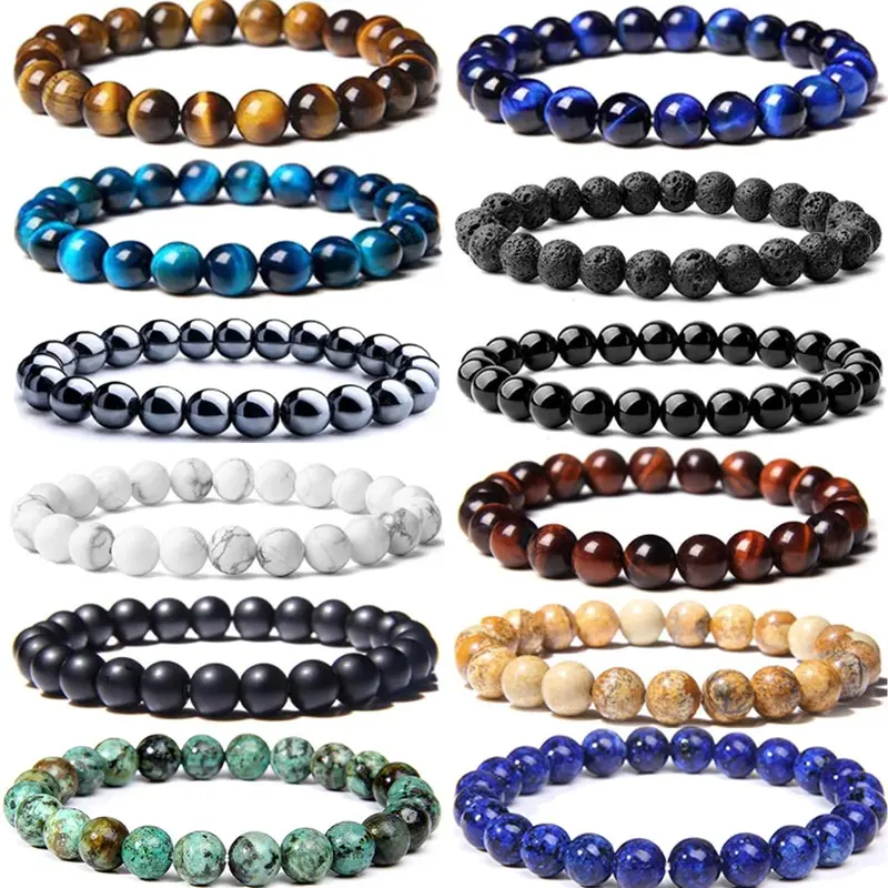 Unisex 12-Pcs Crystal Healing Bracelets & Bangles Set - 8mm Round Beads Natural Gemstones, Tiger's Eye & Lava Rock, Boho Style Crystal Stacking Bracelet, 6.8-7.2 Inches Men's Jewelry Fashion Accessory