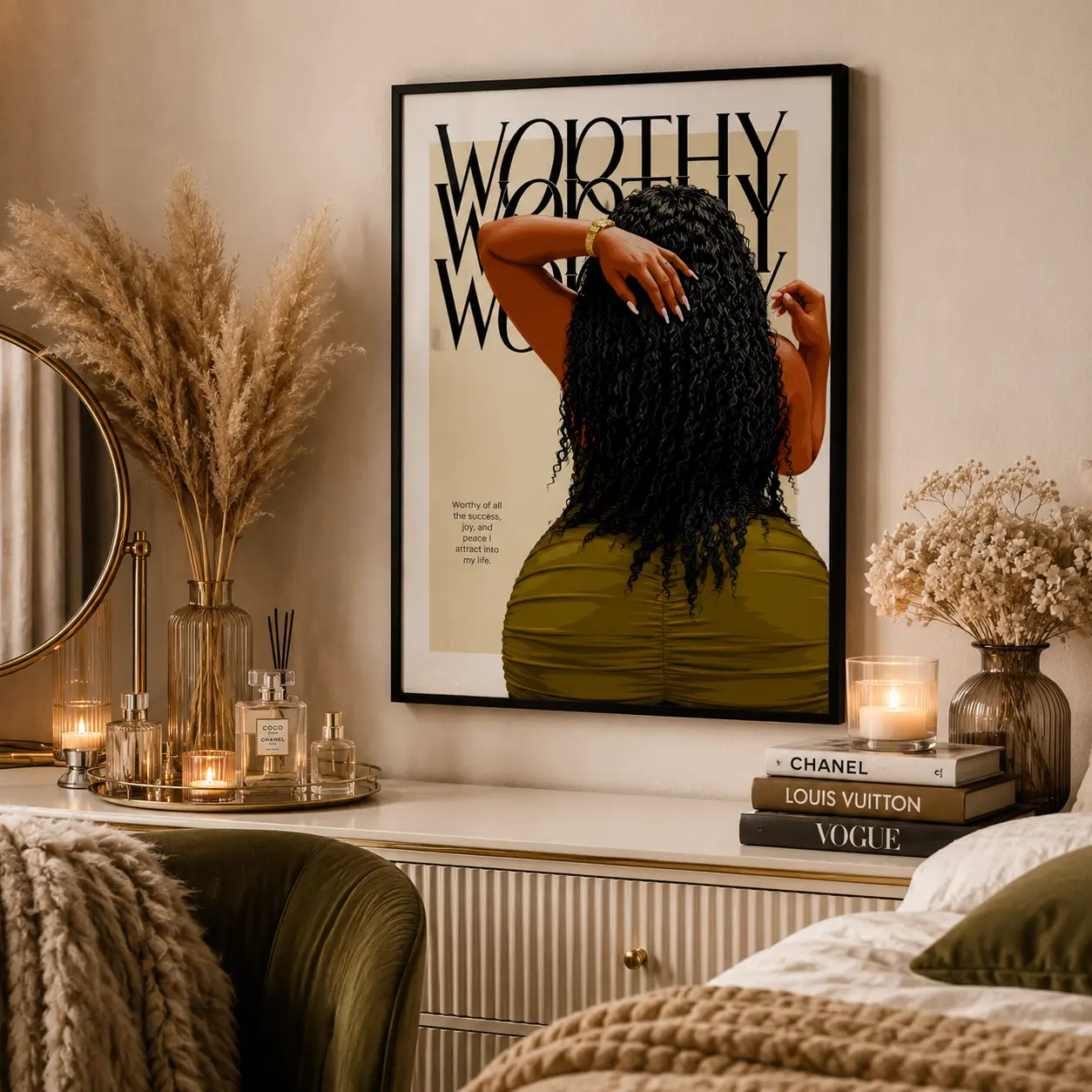 Worthy Affirmation Black Woman Back View Canvas Wall Art, Inspirational Positive Quote Figure Painting, Empowering Bedroom Home Decor Poster