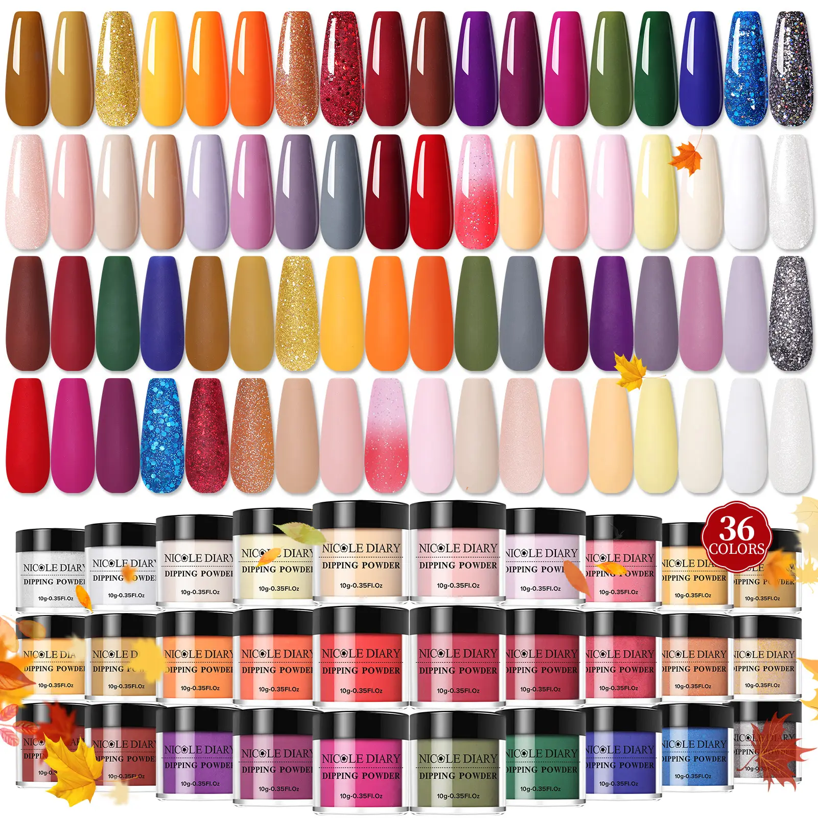 NICOLE DIARY 36-Color Fall Winter Glitter Dipping Powder Nail Kit, Multi-Pack DIY Manicure Supplies, Beginner-Friendly Easy-to-Use Gel X Set, Long-Lasting Salon-Style Care, Ideal Gift