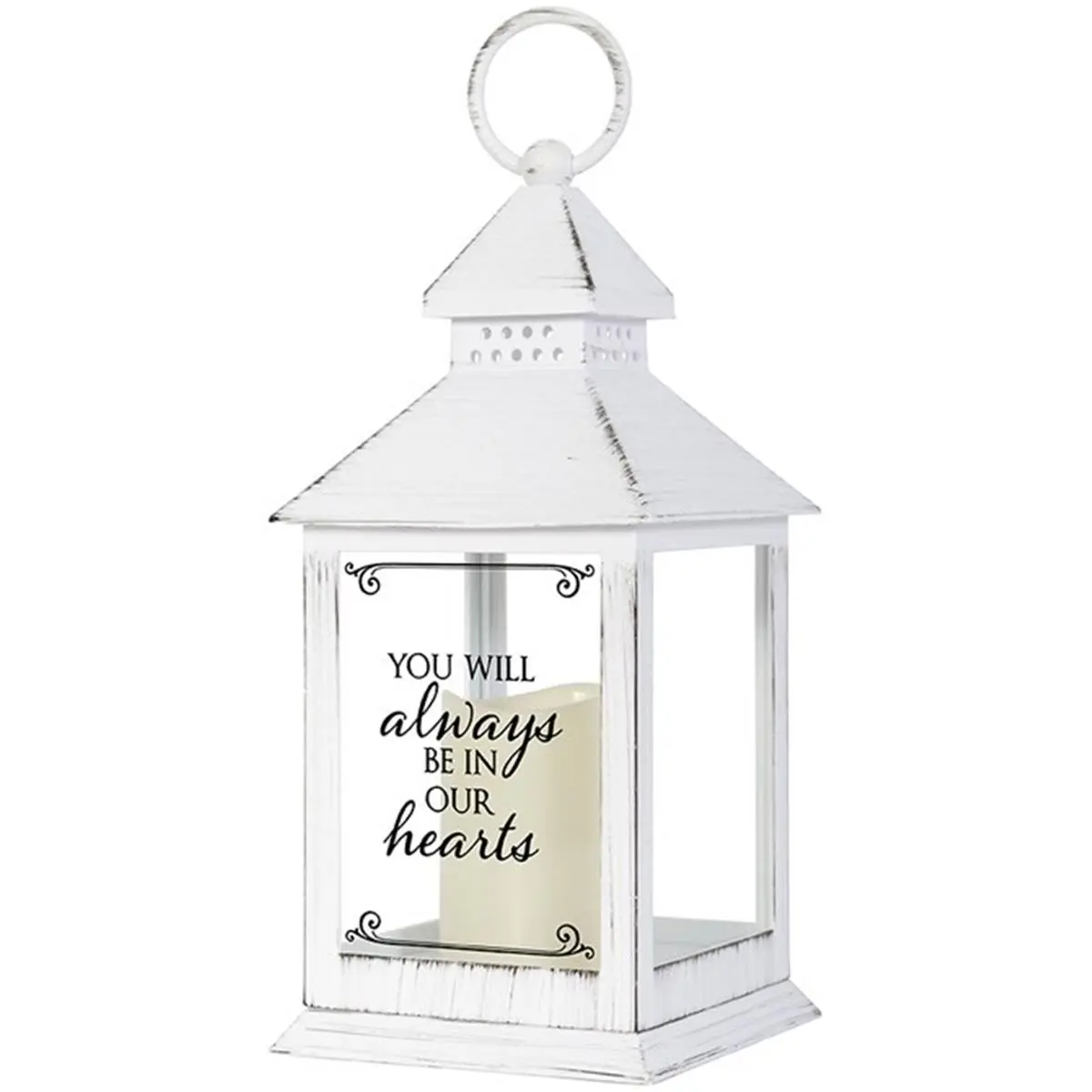 Carson Home Accents 256113 Decorative Candleholder - 11" x 4" x 4" Indoor Hanging Lantern, "Always Be in Our Hearts" Design, LED Light Candle with Timer, 0.9 lbs