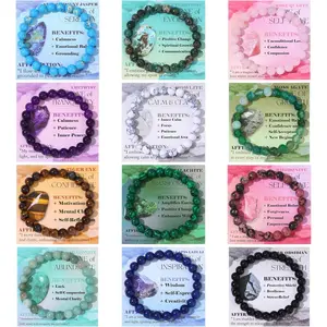 12PCS 6mm 8mm Gemstone Beaded Bracelets for Women Semi-Precious Natural Crystal Bracelets Round Beads Gemstones Stretch Bracelet Jewelry Gift