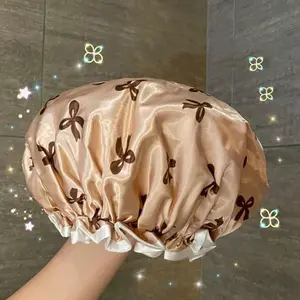 Double Layer Waterproof Shower Cap, 1 Count Cute Bowknot Pattern Shower Cap, Bathroom Supplies for Women & Girls, Home Supplies Rose Gold