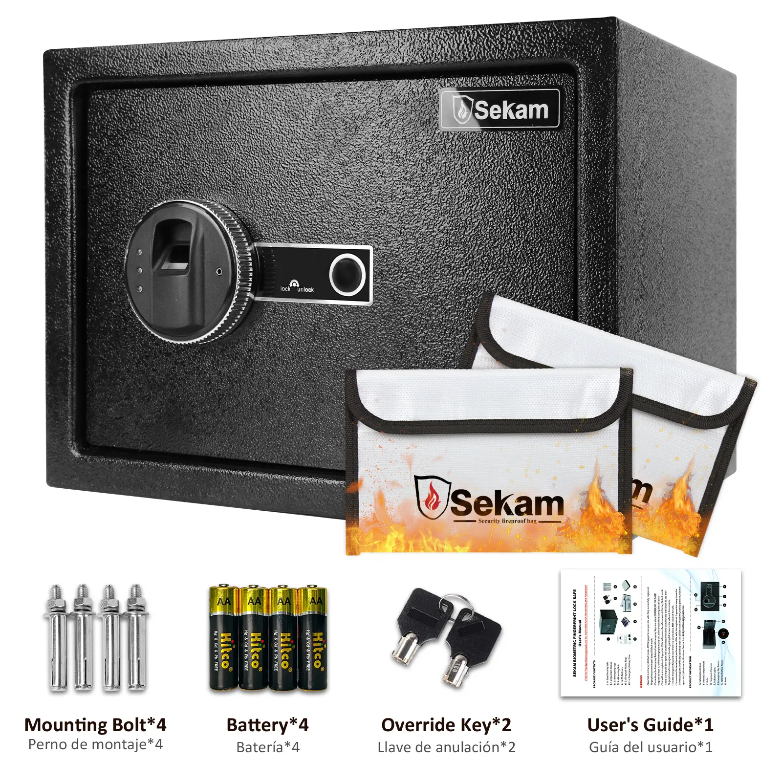 SEKAM 0.8 Cu Ft Biometric Fingerprint Safe Box for Home & Office | Quick Access Smart Safe with Fireproof Bag, Removable Shelf & LED Light for Cash, Documents, Jewelry