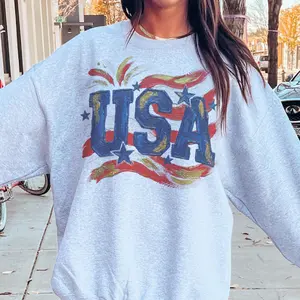 Vintage USA Sweatshirt Retro USA Brushstroke Graphic Tee Patriotic Freedom Stars Pullover 4th of July Gift Tshirt Sublimation Unisex Casual Crewneck