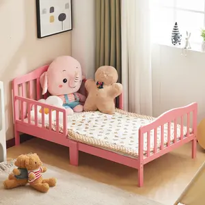Single-layer vertical plank bed with side railings, pink, 135*75*62.5cm, wooden bed, pine, children's
