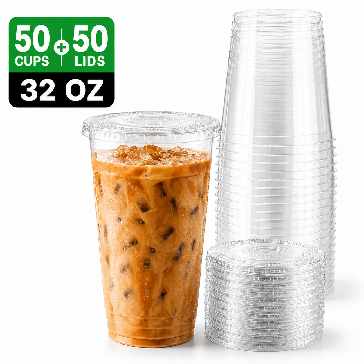 50 Set Clear Plastic Cups, 16/24/32 OZ Disposable Iced Coffee Cups with Flat Lids, Smoothie Cups, PET Crystal Party Cups, Cold Beverages Drinking Cups for Thanksgiving, Halloween, Christmas