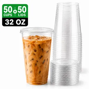 50 Set Clear Plastic Cups, 16/24/32 OZ Disposable Iced Coffee Cups with Flat Lids, Smoothie Cups, PET Crystal Party Cups, Cold Beverages Drinking Cups for Thanksgiving, Halloween, Christmas