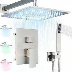 Brushed Nickel LED Shower Faucet Set, Rainfall Shower System with Mixing Valve, Wall Mounted 2-Functions Bathroom Shower Systems with High Pressure Rain Shower and Handheld Sprayer Shower Trim Included, 12/16 INCH 2 sizes to Choose