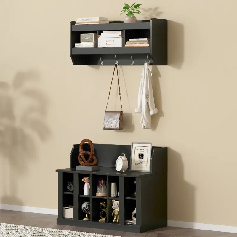 35.4" Hall Tree, Entryway Bench with 10 Storage Cubbies and Coat Rack, Modern 4 in 1 Shoe Cabinets with Hooks for Hallway, Entryway Furniture Set,Black