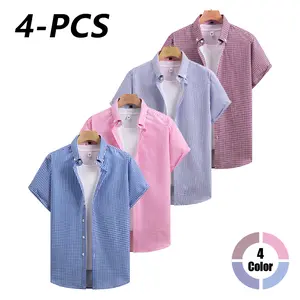 Men’s plaid short-sleeve shirts, 4-pack — wrinkle-resistant, no ironing needed casual plaid button-down shirts with a vintage plaid pattern, featuring a notched lapel collar design, easy-care fabric that doesn’t lose shape after machine washing—ideal for