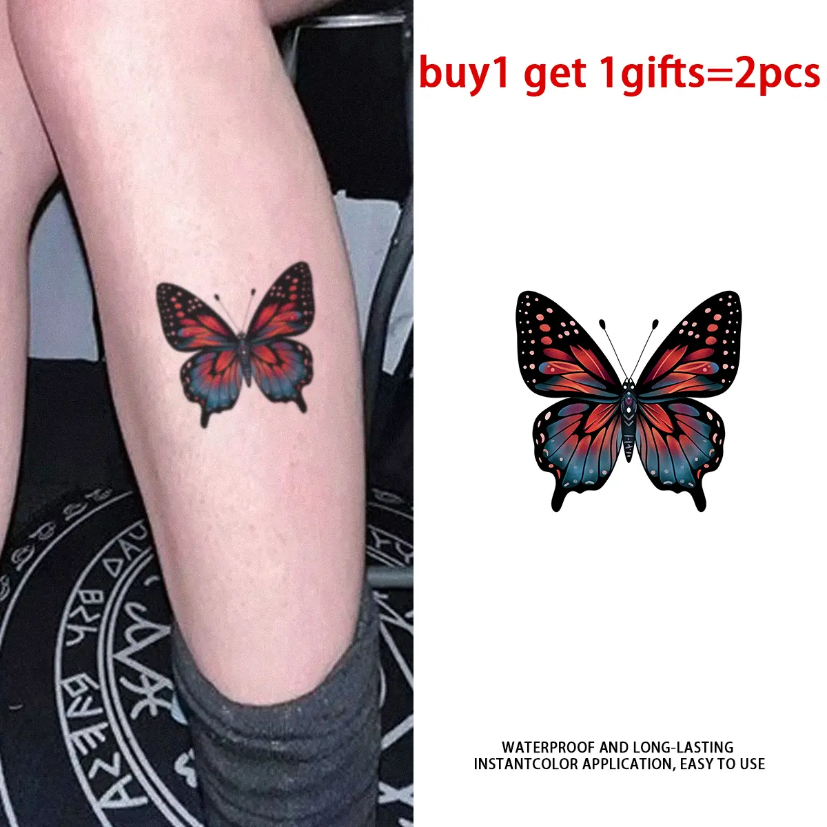Vivid Red Blue Gradient Butterfly Temporary Tattoo Stickers 2 Pack, Long Lasting Semi-Permanent Waterproof Realistic Colorful Fake Body Tattoos, Aesthetic Insect Art Tattoo For Women Men, Fits All Skin Types Perfect For Beach Swimming Daily Party Wear