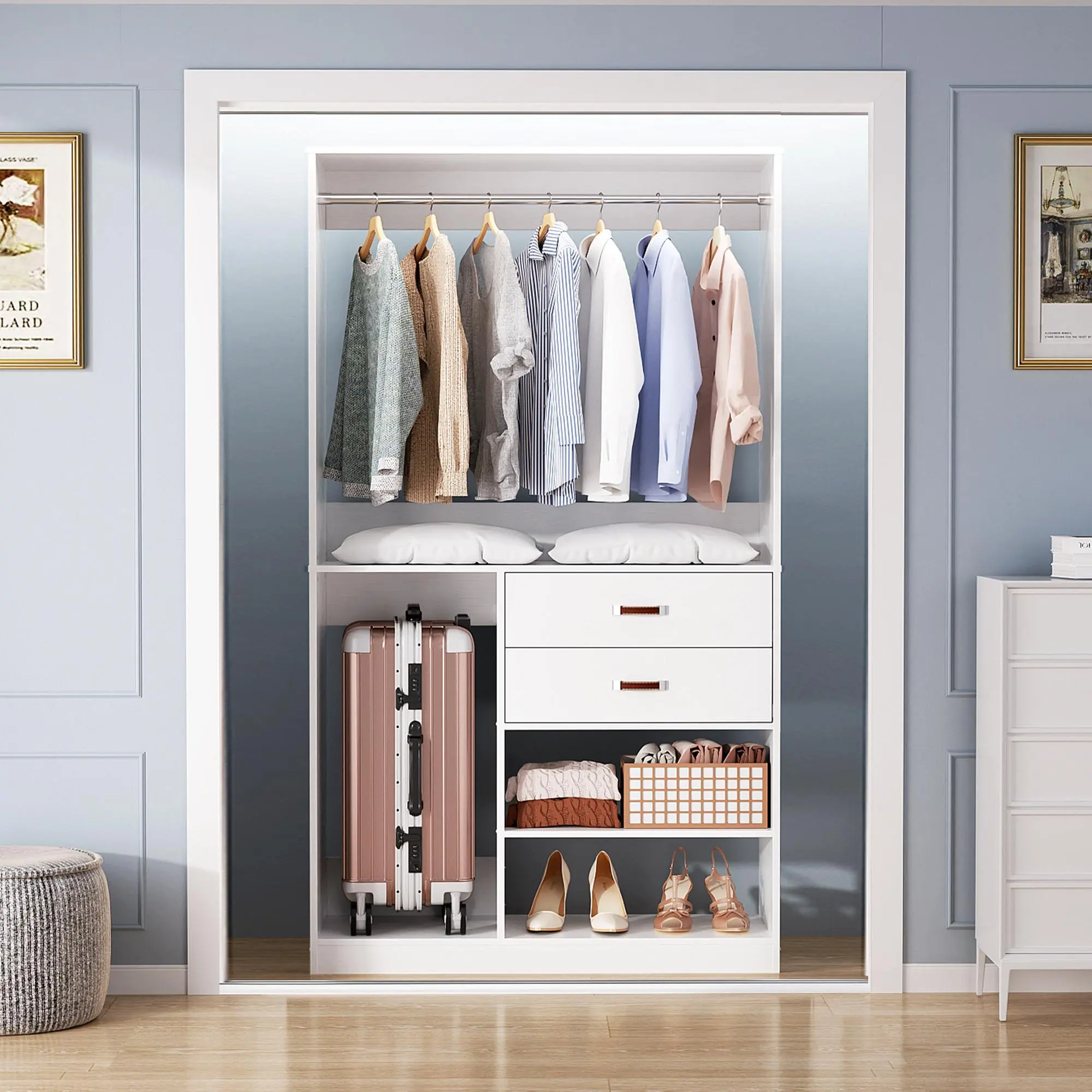 Unikito 40x80x16" Rectangular Freestanding Wardrobe Cabinet, Heavy-Duty Storage Furniture with Hanging Rod, 2 Wooden Drawers and Closet Storage Shelves, Wobble‑Safe