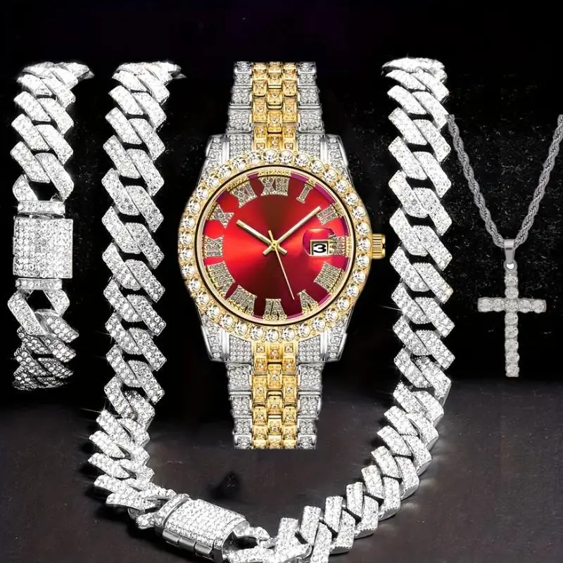 Golden-ToneLuxurious4pcsMen'sHipHopBlingSet-QuartzWatchwithRhinestoneBezel,14mmCubanChainNecklace&Bracelet,CrossPendant-JewelryGift Golden-ToneLuxurious4pcsMen'sHipHopBlingSet-QuartzWatchwithRhinestoneBezel,14mmCubanChainNecklace&Bracelet,CrossPendant-JewelryGift