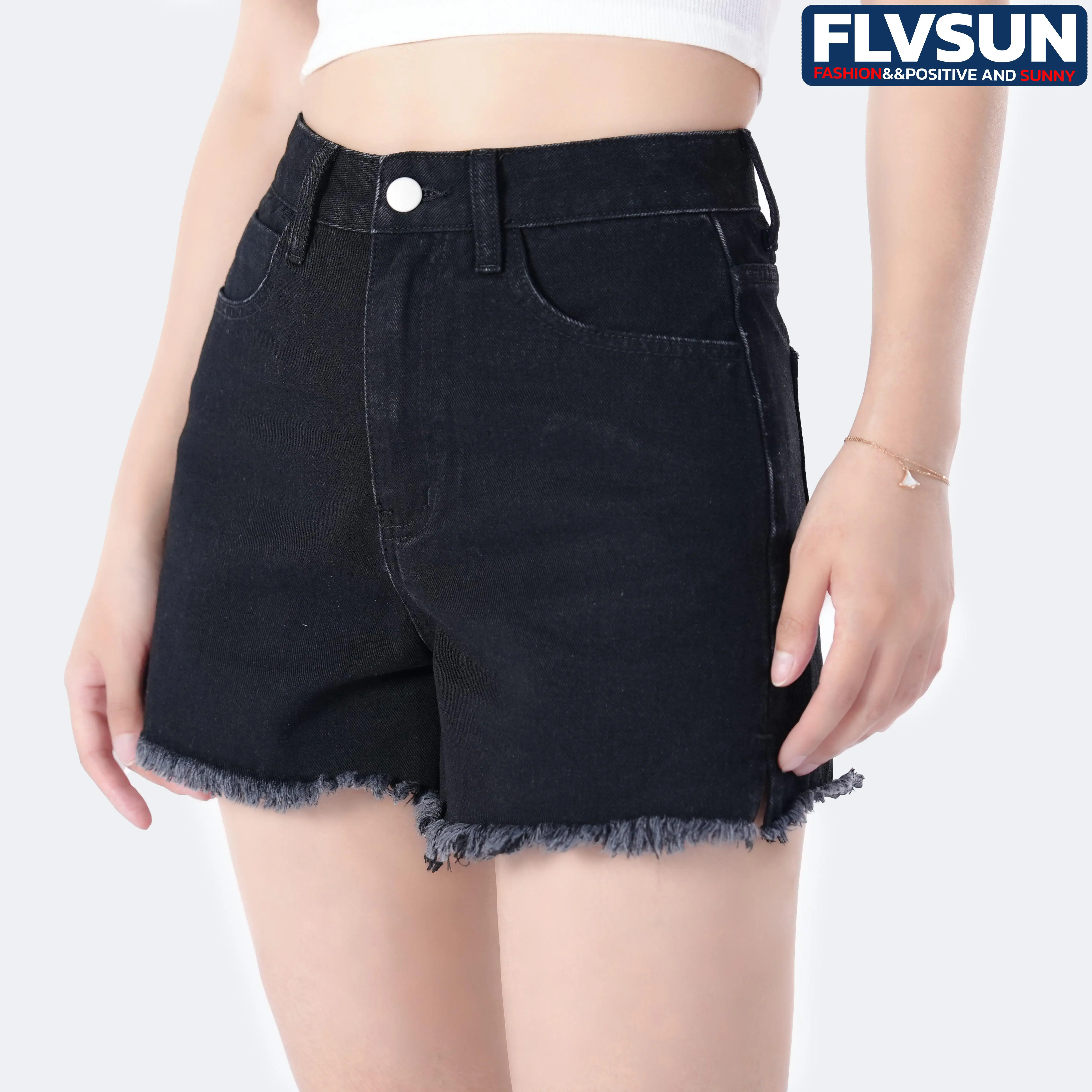 High Waist Black Denim Shorts for Women, Minimalist Lightweight Summer Bottoms with Raw Frayed Hem and Side Slit, Plain Casual Streetwear, Above Knee, Jean Shorts For Women, Black Shorts