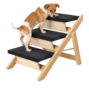 Wooden Pet Stairs/Steps, Medium Dogs Steps for High Beds, Sofa, Couch, Car, 2-in-1 Foldable Wood Dog Ramp with Non-Slip Pads, Safety, Durable Portable Dog/Cat Ladder Up to 150 lbs, 3 Steps  Dog staircase and sized tree Elevated Cooling Curved Foam