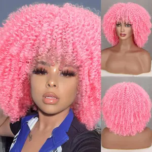 Xinran Light Pink Curly Wigs for Black Women, Short Afro Curly Wigs with Bangs Synthetic Fiber Afro Kinky Wigs Short Curly Pink Wig For Daily Use(Pink)