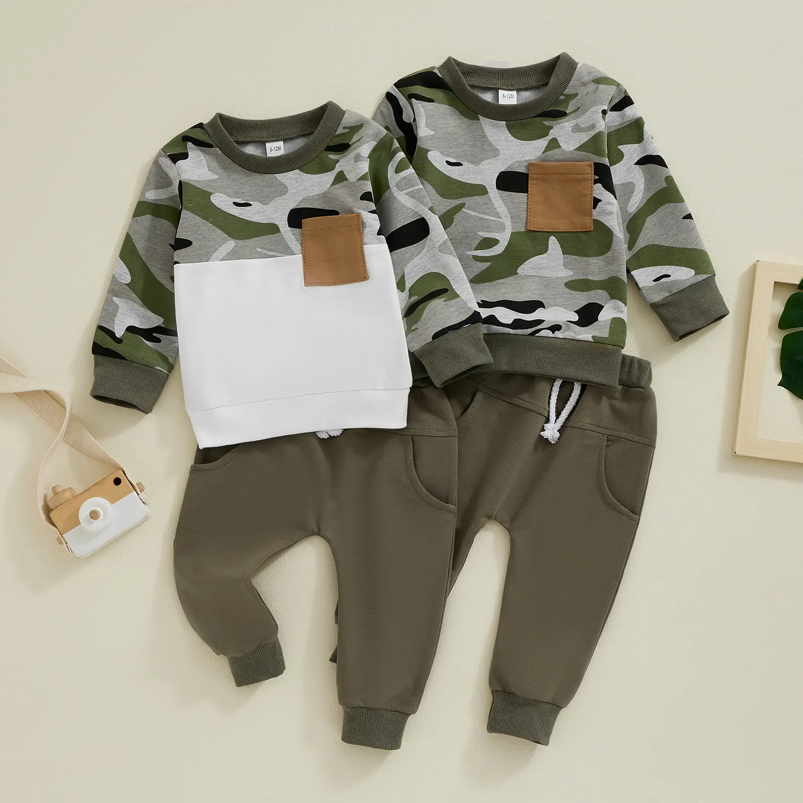 Fall Winter Kid Toddler Baby Boy Pants Set Camouflage Long Sleeve Round Neck Sweatshirt Drawstring Long Pants Pocket Outfits