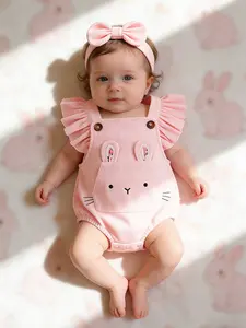 Summer Baby Girl Bunny Ear Backpack Diaper Cover Set, Newborn Breathable Sleeveless Romper + Bow Headband Two-Piece Set Bodysuit