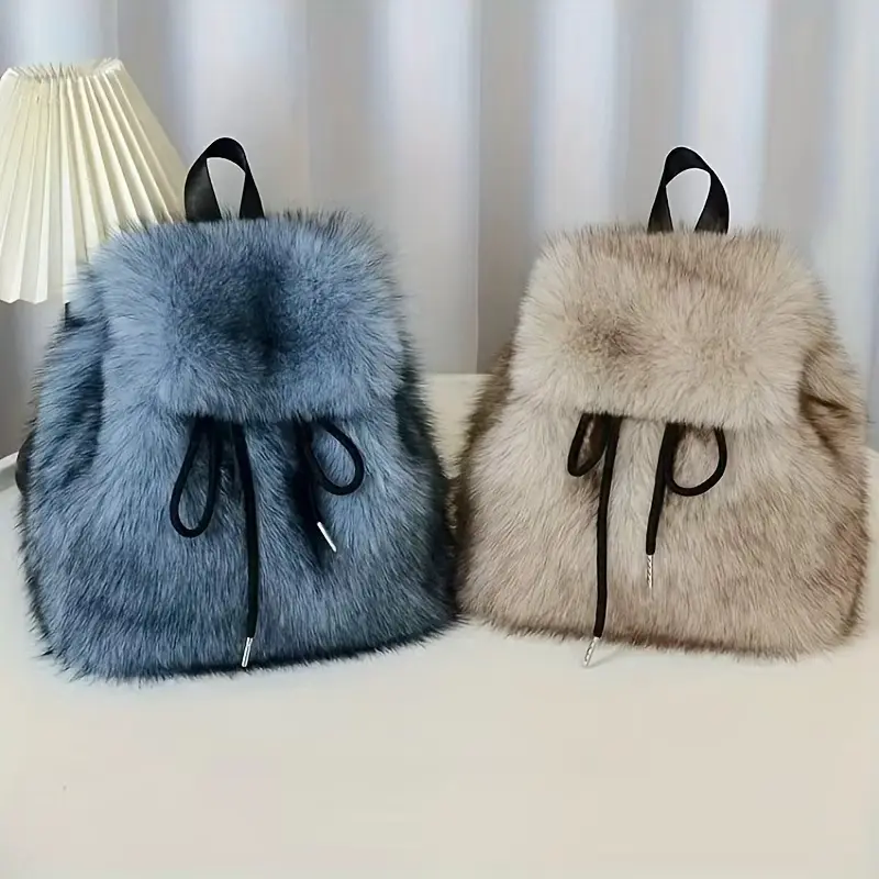 Faux Fur Drawstring Backpack Soft Plush Flap Backpack Fashion Winter Shoulder Bag For Women