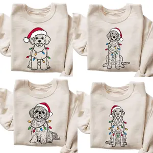 Santa Paws Christmas Light Dog Sweatshirt - Sand Color, 50 Dog Breeds in Festive Santa Hat, Dog Lover Holiday Crewneck Sweater, Holiday Dog Lover Gift For Women and Men