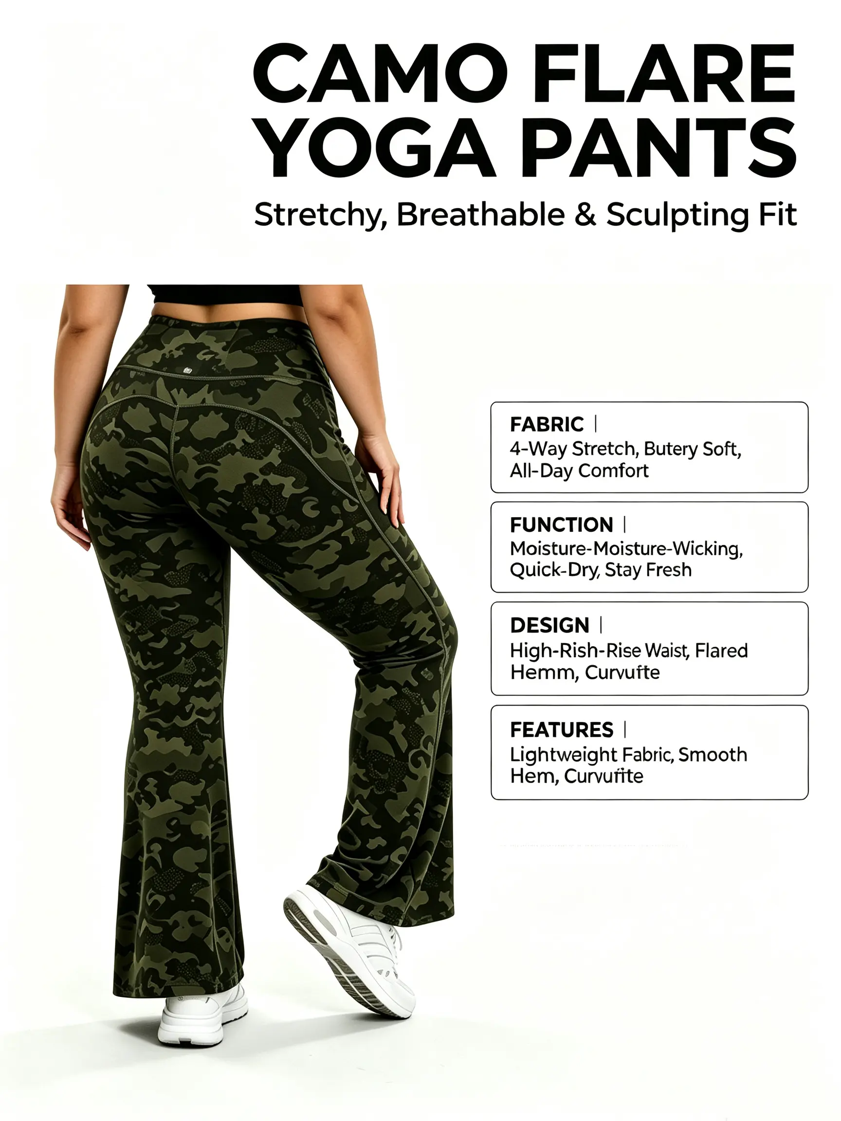 Plus Size Camo Flare Yoga Pants High Waist Butt Lifting Stretch Workout Leggings Breathable Quick Dry Sports Bootcut Pants with Back Pocket