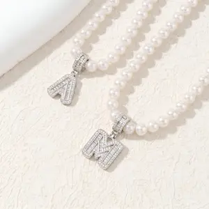 Pearl Initial Necklace for Women, Crystal Letter Pendant Necklace A-Z, Personalized Beaded Jewelry Gift, Monogram Name Necklace for Birthdays, Anniversaries, Daily Wear and Special Occasions.